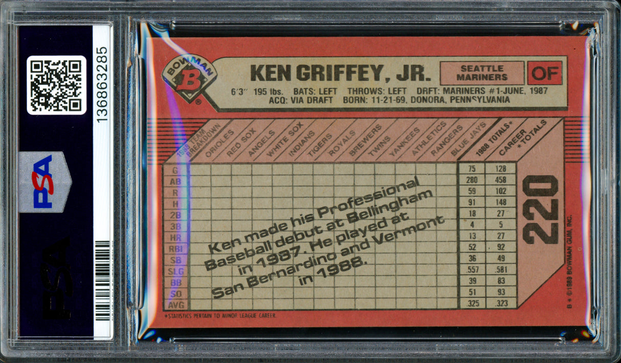 Ken Griffey Jr. Autographed 1989 Bowman Rookie Card #220 Seattle Mariners PSA 9 Auto Grade Gem Mint 10 PSA/DNA Stock #262020