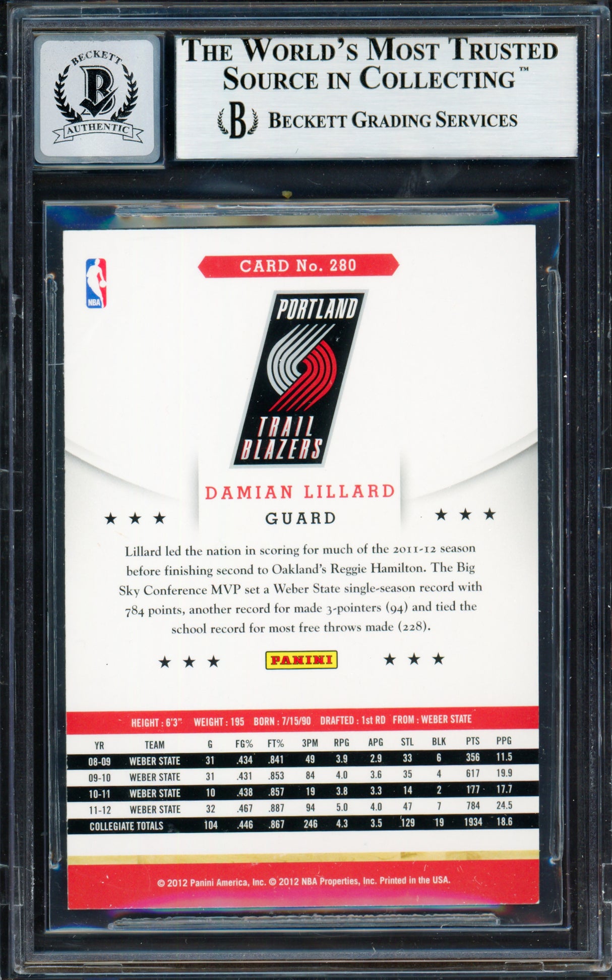 Damian Lillard Autographed 2012-13 Panini Hoops Rookie Card #280 Portland Trail Blazers Auto Grade Gem Mint 10 Beckett BAS Stock #262007
