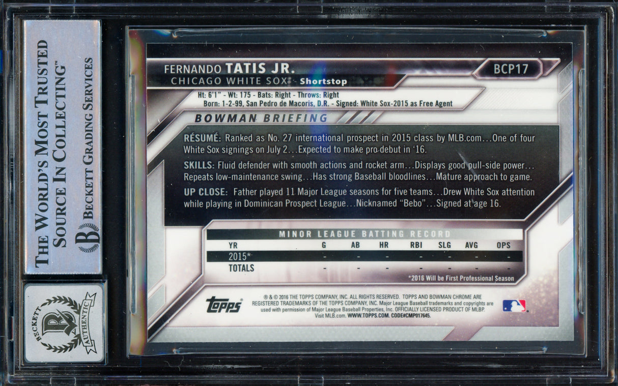 Fernando Tatis Jr. Autographed 2016 Bowman Chrome Rookie Card #BCP17 San Diego Padres BGS 9 Auto Grade Gem Mint 10 Beckett BAS Stock #262009