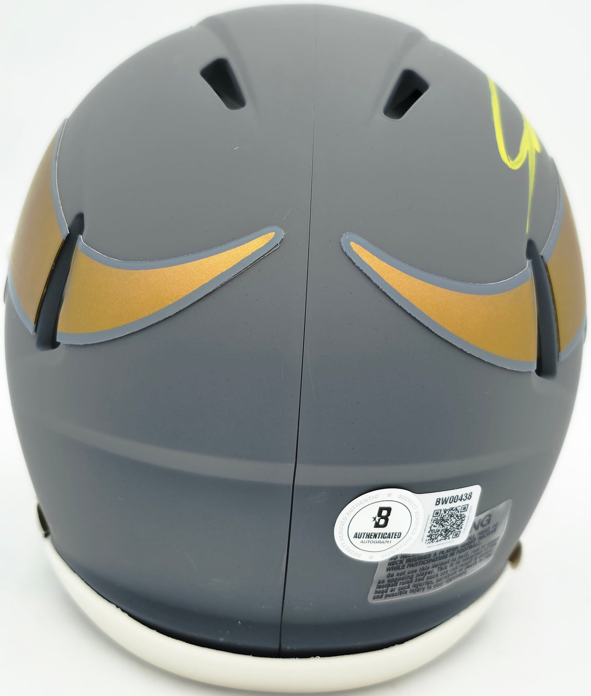 Jordan Addison Autographed Minnesota Vikings Slate Silver Speed Mini Helmet (In Yellow) Beckett BAS QR Stock #261897