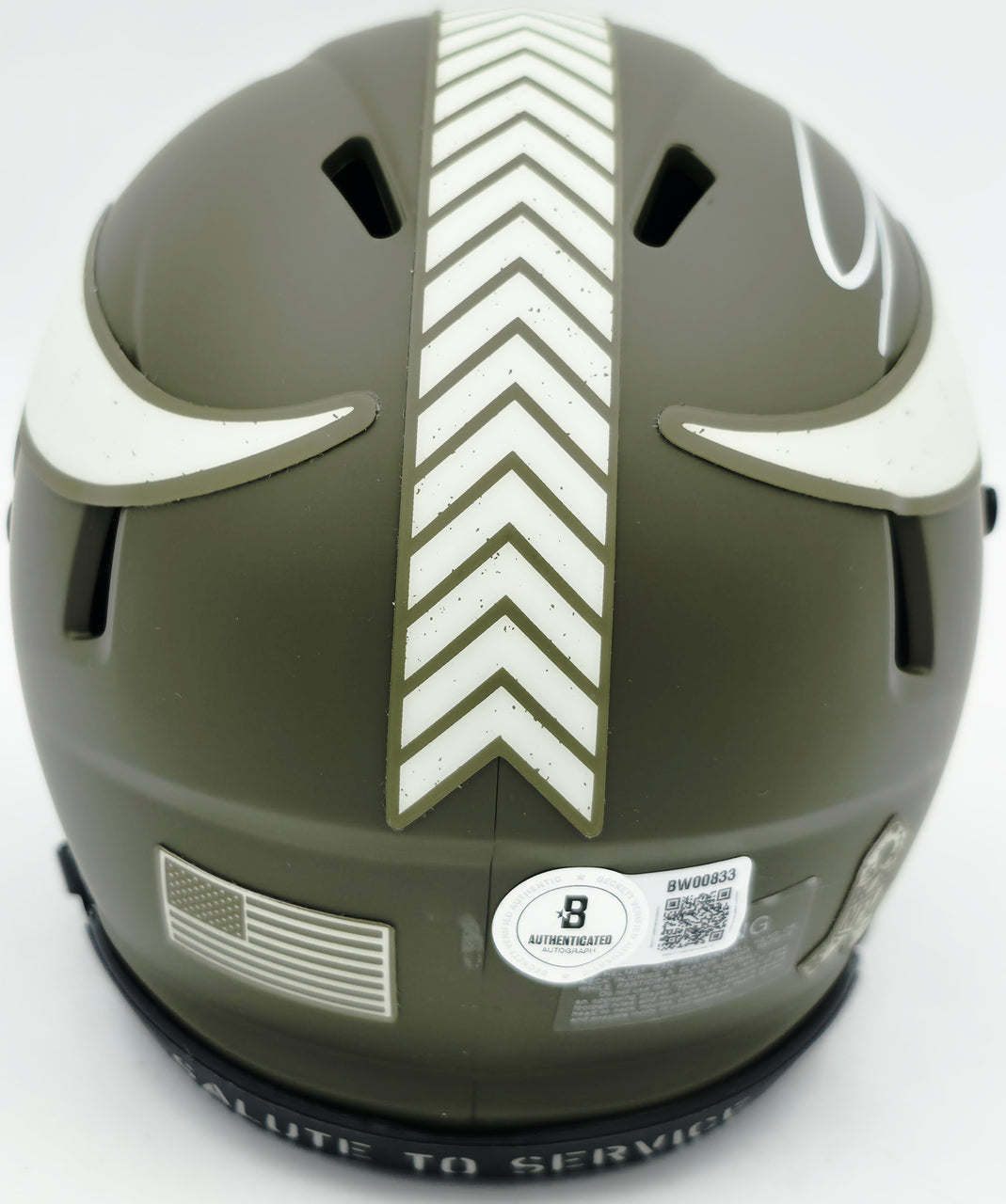 Jordan Addison Autographed Minnesota Vikings Army Green Salute To Service Speed Mini Helmet (In Silver) Beckett BAS QR Stock #261907