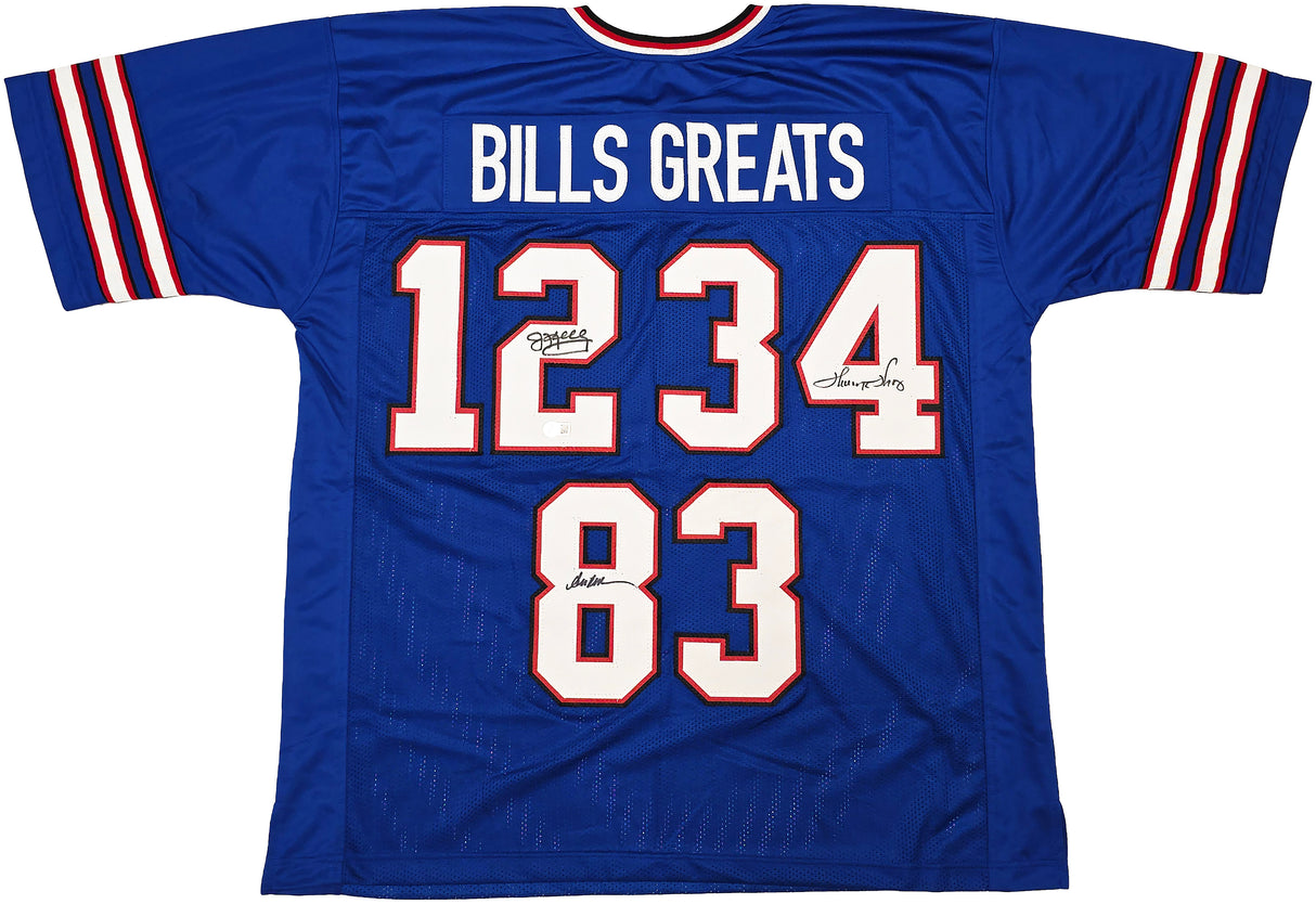 Buffalo Bills Jim Kelly, Thurman Thomas & Andre Reed Autographed Blue Jersey Beckett BAS Witness Stock #261518