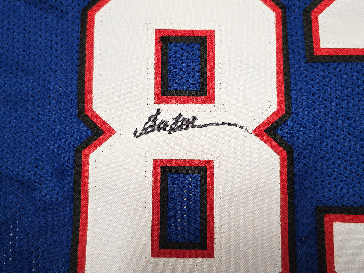 Buffalo Bills Jim Kelly, Thurman Thomas & Andre Reed Autographed Blue Jersey Beckett BAS Witness Stock #261518