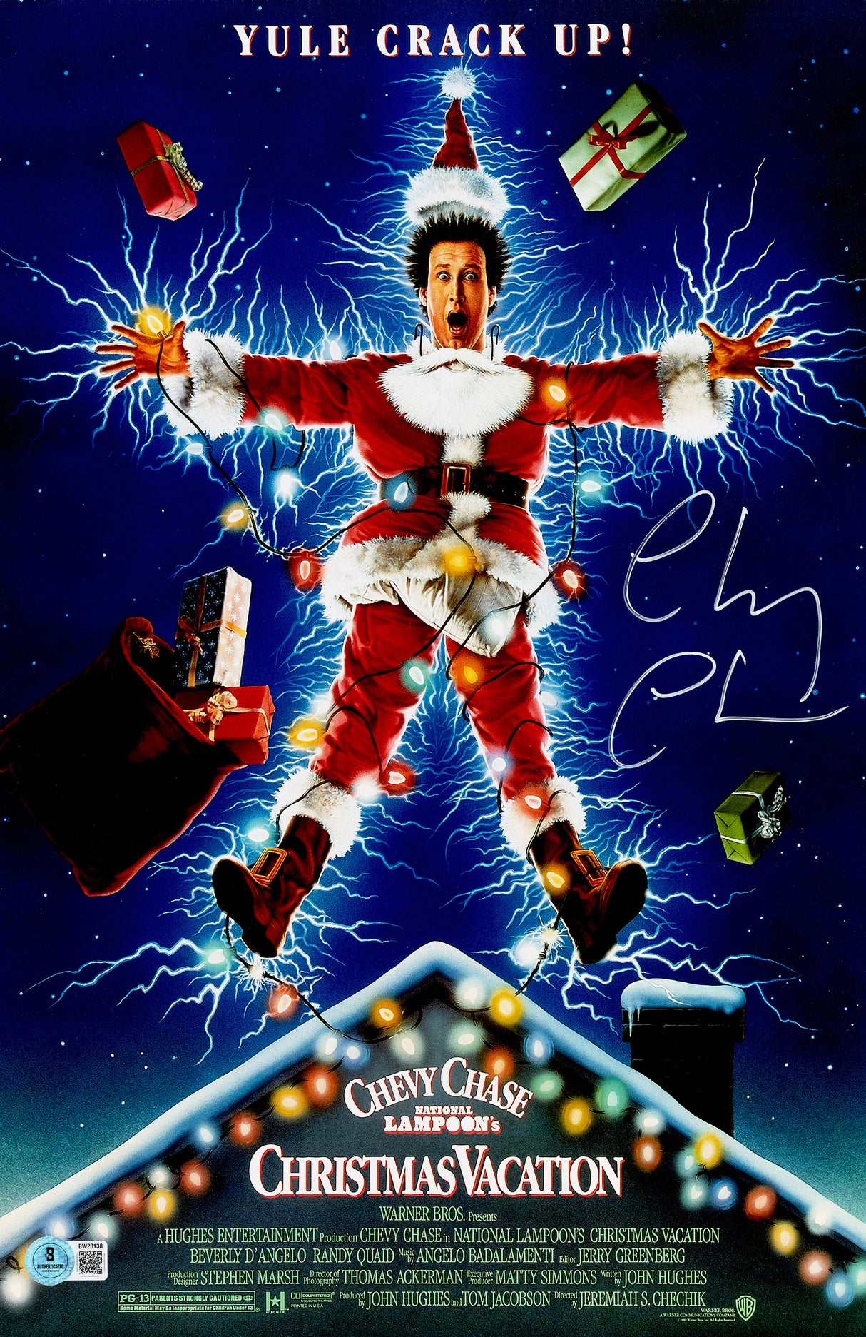 Chevy Chase Autographed 11x17 Movie Poster Christmas Vacation Clark Griswold (In White) Beckett BAS QR Stock #261967