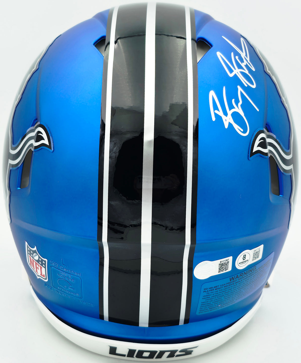 Barry Sanders Autographed Detroit Lions 2024 Alternate Blue Full Size Speed Authentic Helmet Beckett BAS QR Stock #260176