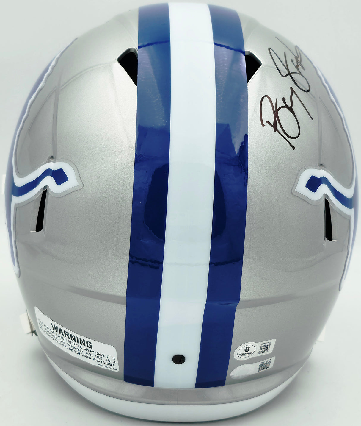 Barry Sanders Autographed Detroit Lions 1983-02 Silver Throwback Full Size Speed Replica Helmet Beckett BAS QR Stock #260180