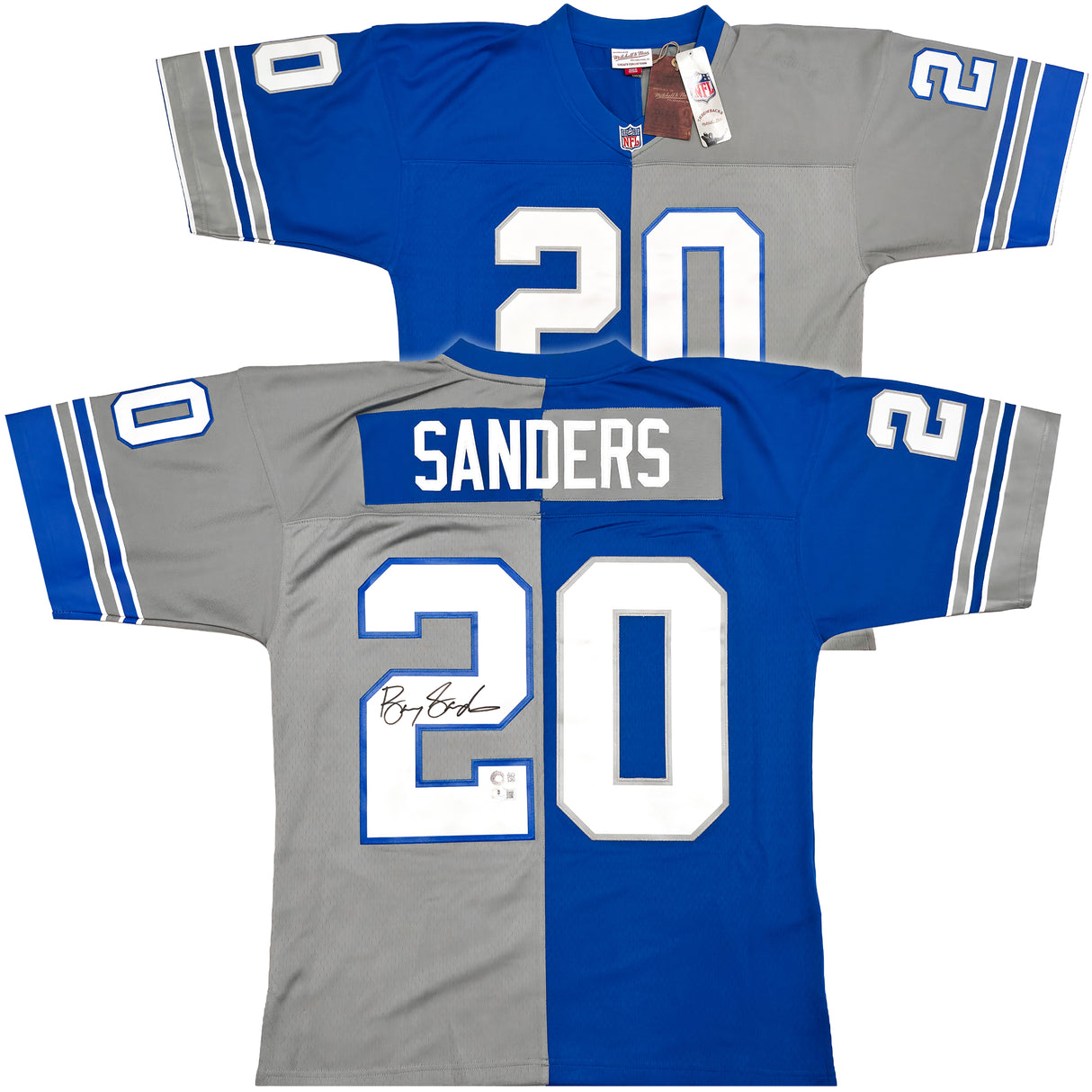 Detroit Lions Barry Sanders Autographed Blue & Grey Split Authentic Mitchell & Ness 1996 NFL Legacy Throwback Jersey Size 44 Beckett BAS QR Stock #260151