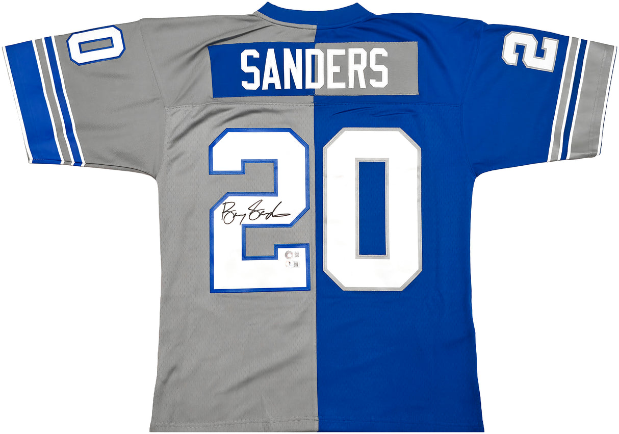 Detroit Lions Barry Sanders Autographed Blue & Grey Split Authentic Mitchell & Ness 1996 NFL Legacy Throwback Jersey Size 48 Beckett BAS QR Stock #260152