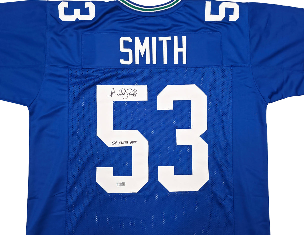 Seattle Seahawks Malcolm Smith Autographed Blue Jersey "SB LXVIII MVP" Beckett BAS Witness Stock #262117