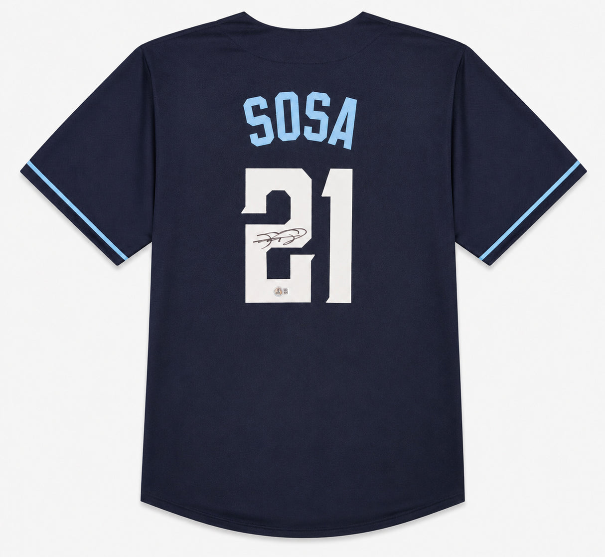 Chicago Cubs Sammy Sosa Autographed Dark Blue Jersey 'Slammin Sammy' Beckett BAS Witness Stock #263336