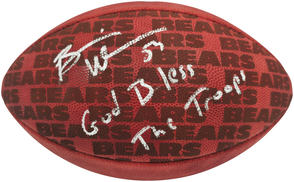 Brian Urlacher Autographed Chicago Bears Official NFL Leather Chicago Bears Logo Football "God Bless The Troops" Beckett BAS Witness Stock #265848