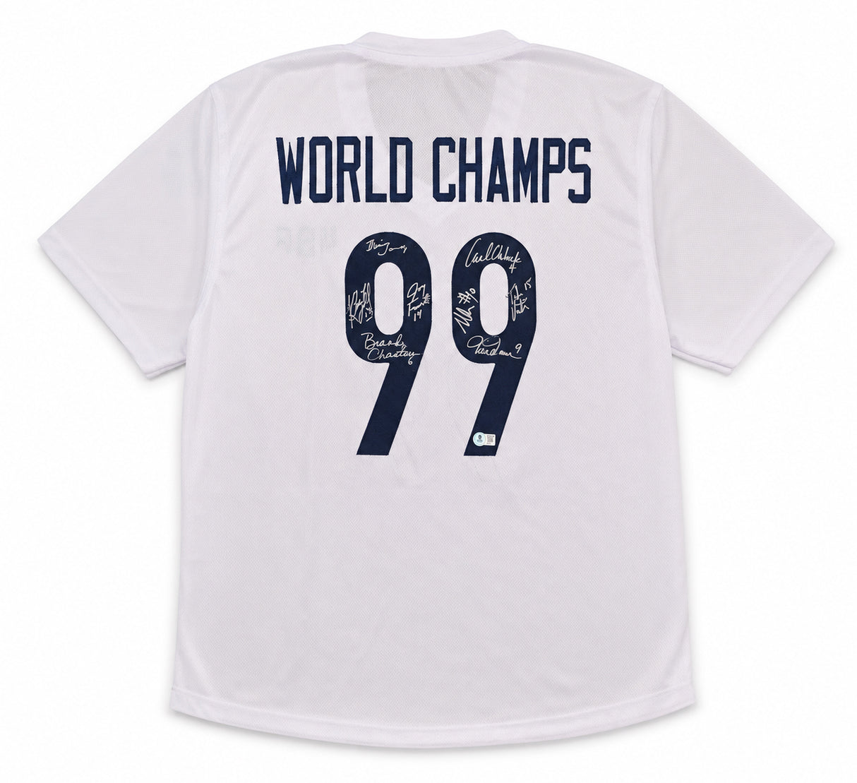 Team USA 1999 Women's World Cup Champions Autographed White Jersey With 8 Signatures Including Hamm & Chastain Beckett BAS Witness Stock #266279