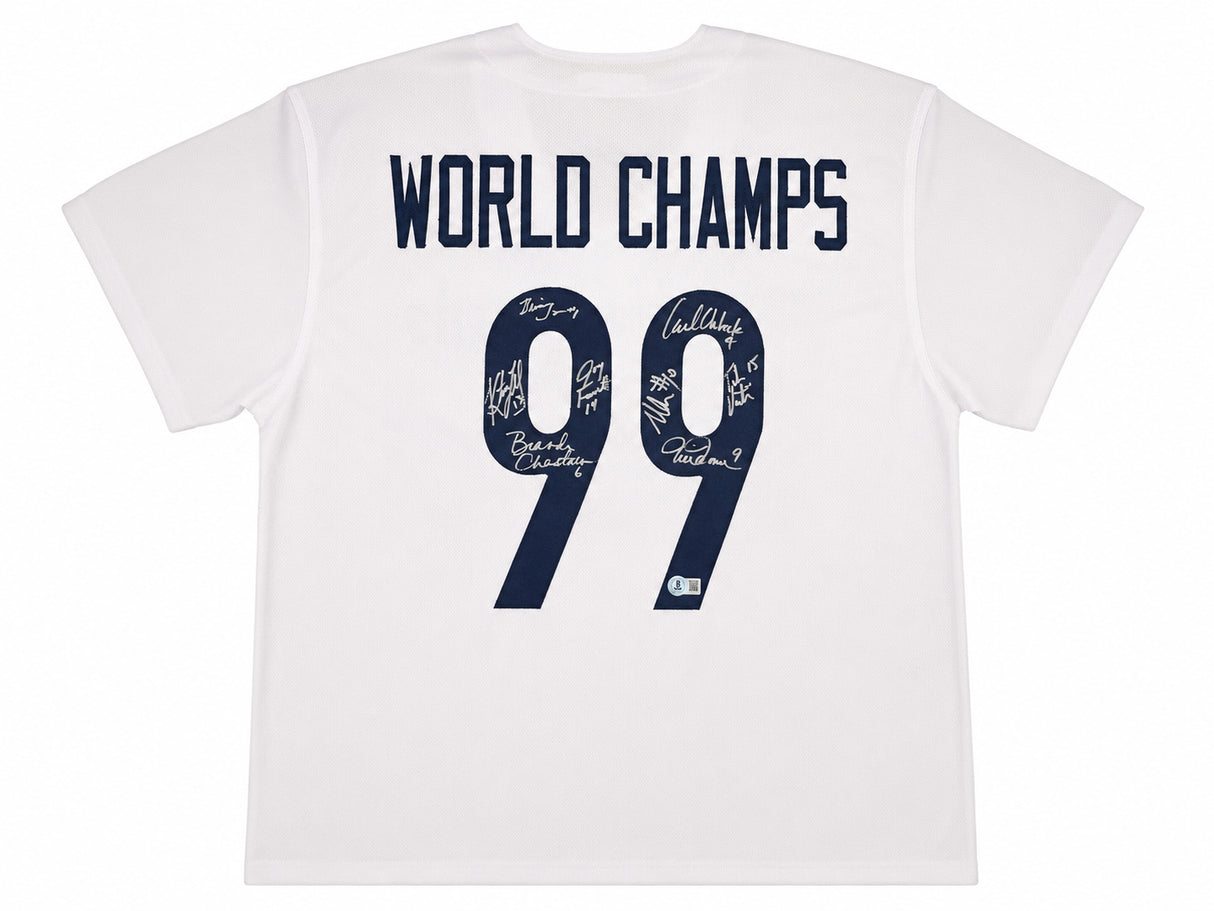 Team USA 1999 Women's World Cup Champions Autographed White Jersey With 8 Signatures Including Hamm & Chastain Beckett BAS Witness Stock #266279
