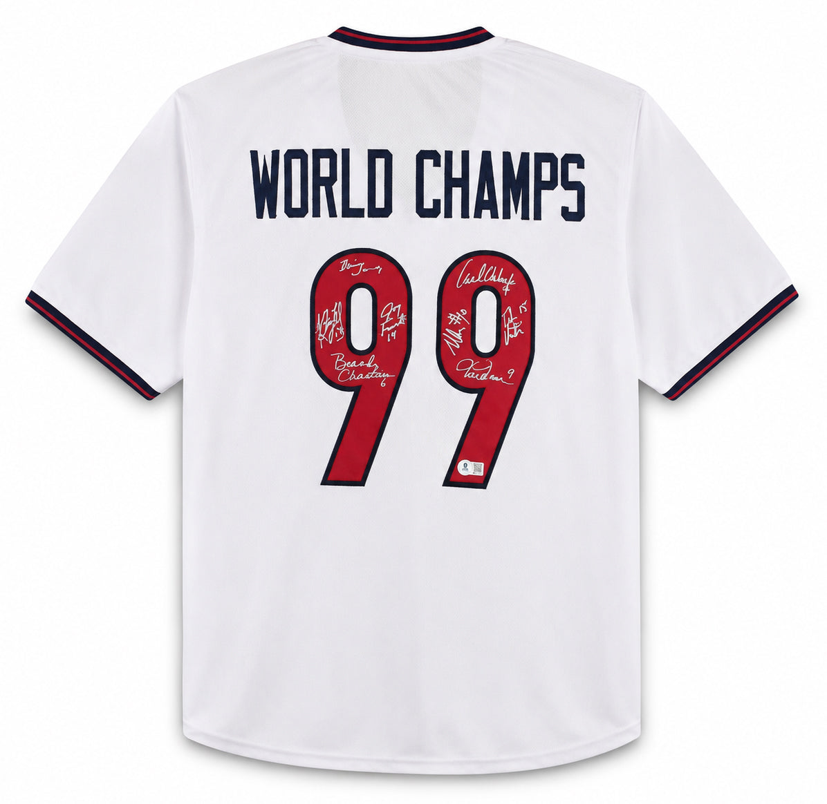 Team USA 1999 Women's World Cup Champions Autographed White Jersey With 8 Signatures Including Hamm & Chastain Beckett BAS Witness Stock #266280
