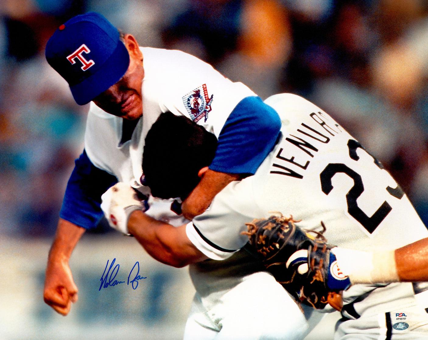 Nolan Ryan Autographed 16x20 Photo Texas Rangers Fight vs. Robin Ventura PSA/DNA Stock #252363