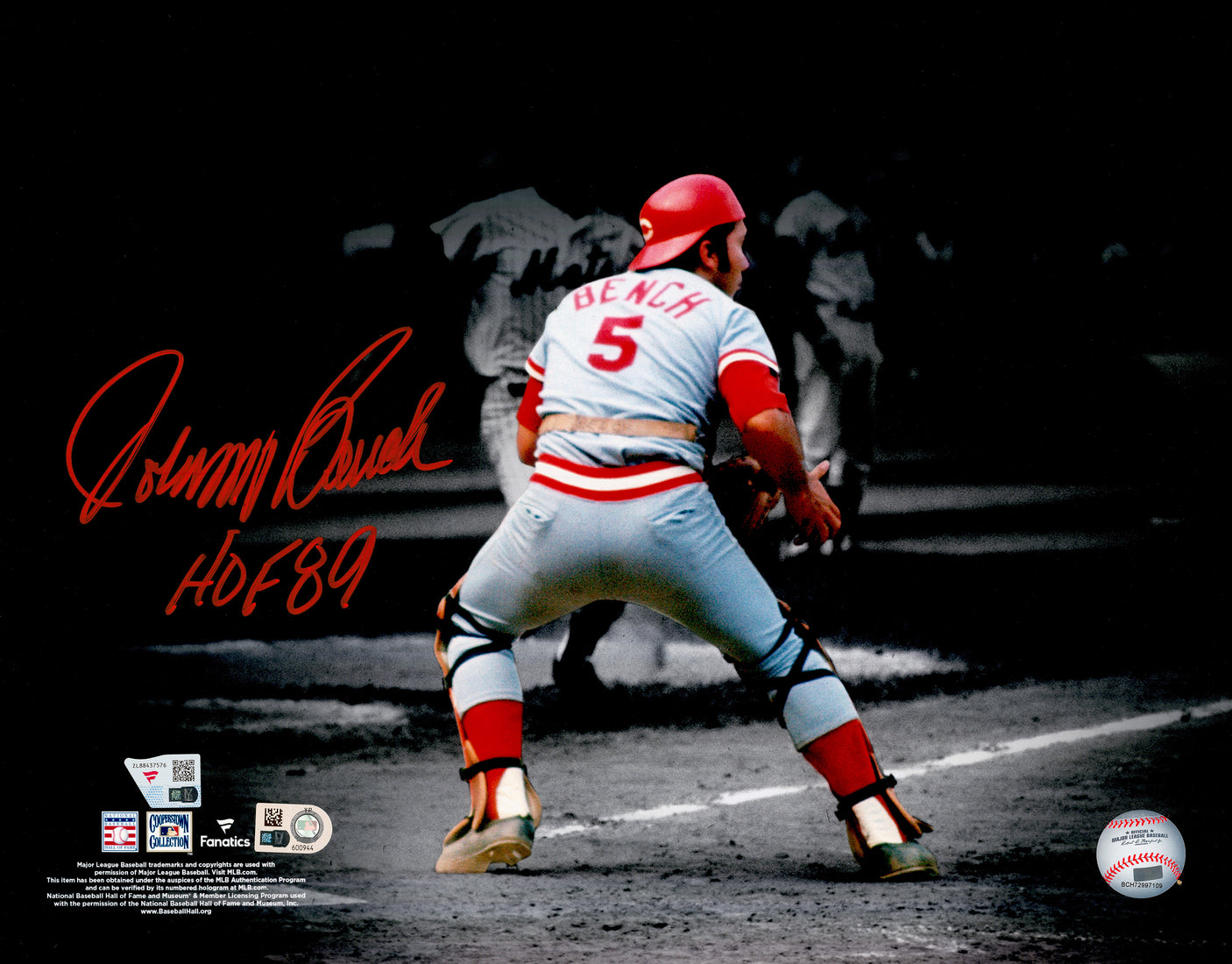 Johnny Bench Autographed 11x14 Photo Cincinnati Reds "HOF 89" Fanatics & MLB Holo Stock #251006
