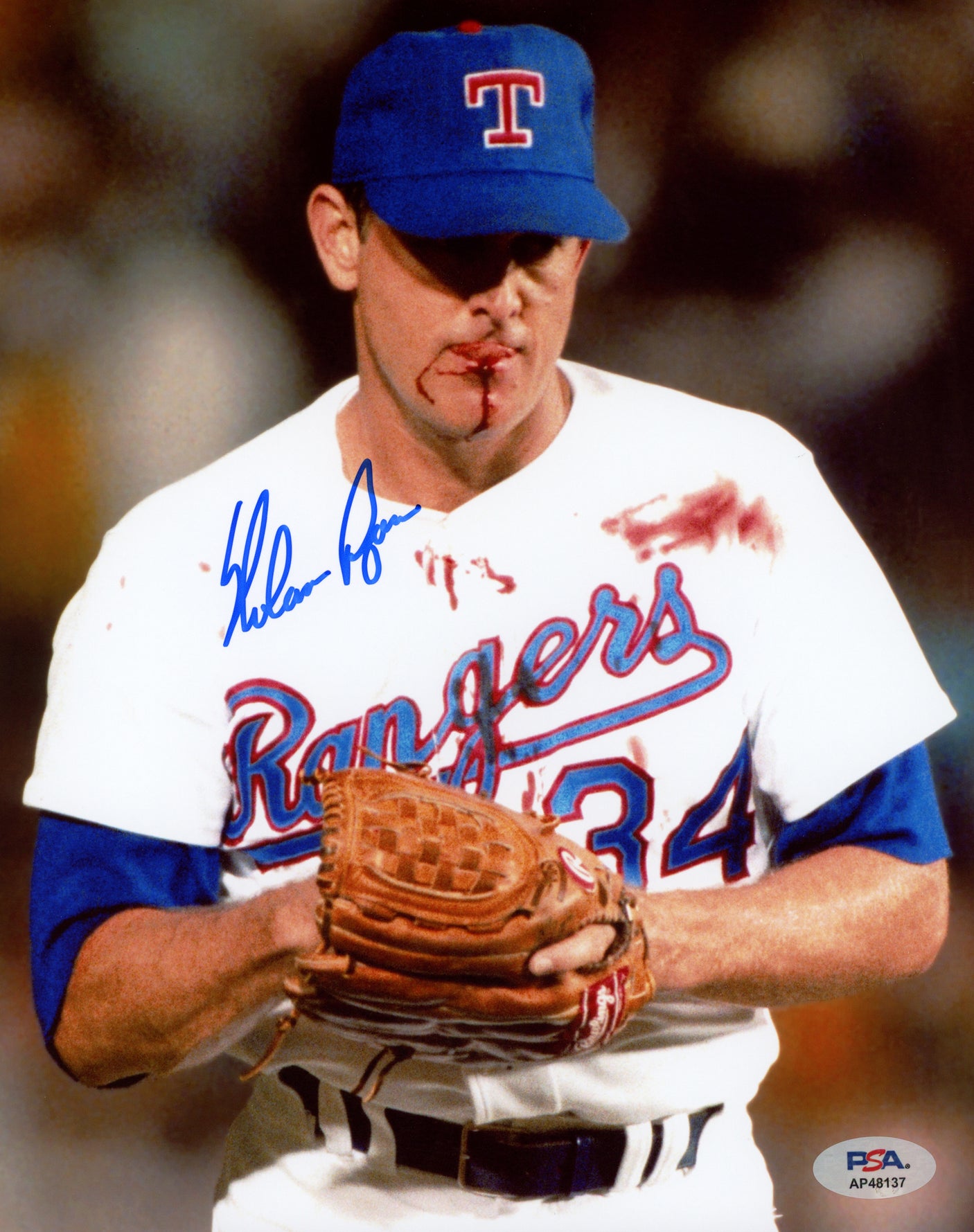 Nolan Ryan Autographed 8x10 Photo Texas Rangers Bloody Lip PSA/DNA Stock #252364