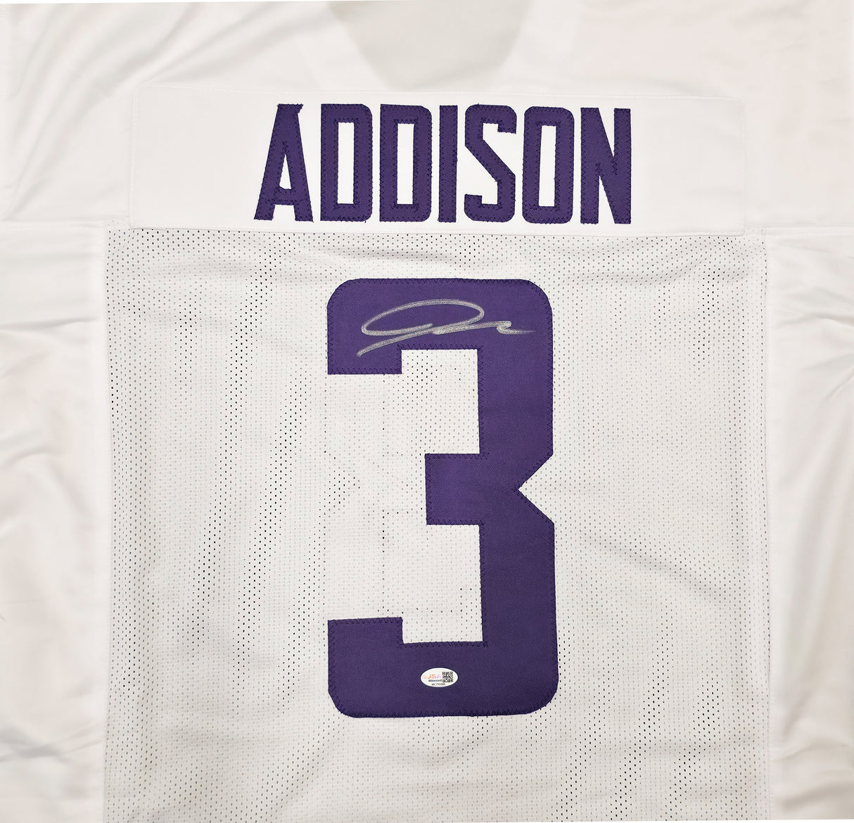 Minnesota Vikings Jordan Addison Autographed White Jersey JSA Witness Stock #267432