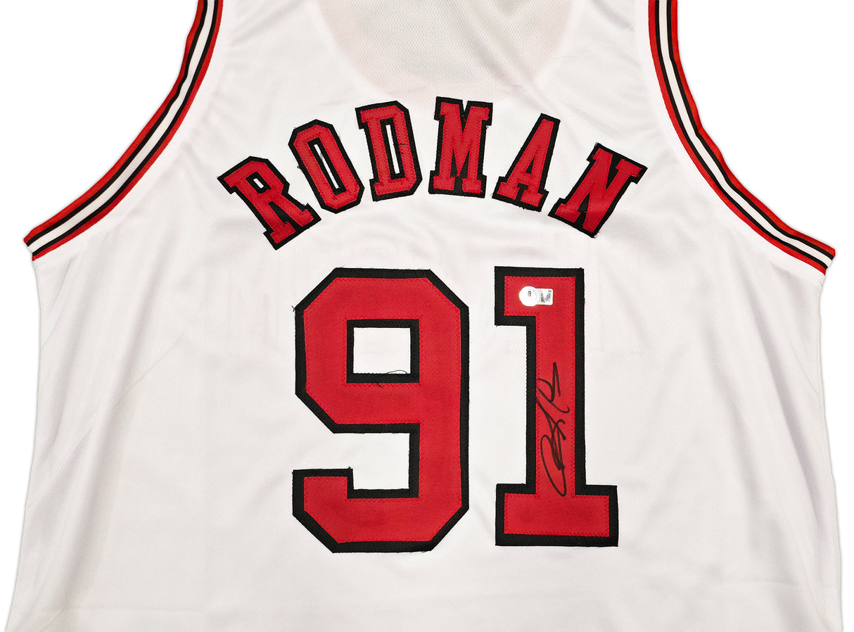 Chicago Bulls Dennis Rodman Autographed White Jersey Beckett BAS Witness Stock #267419