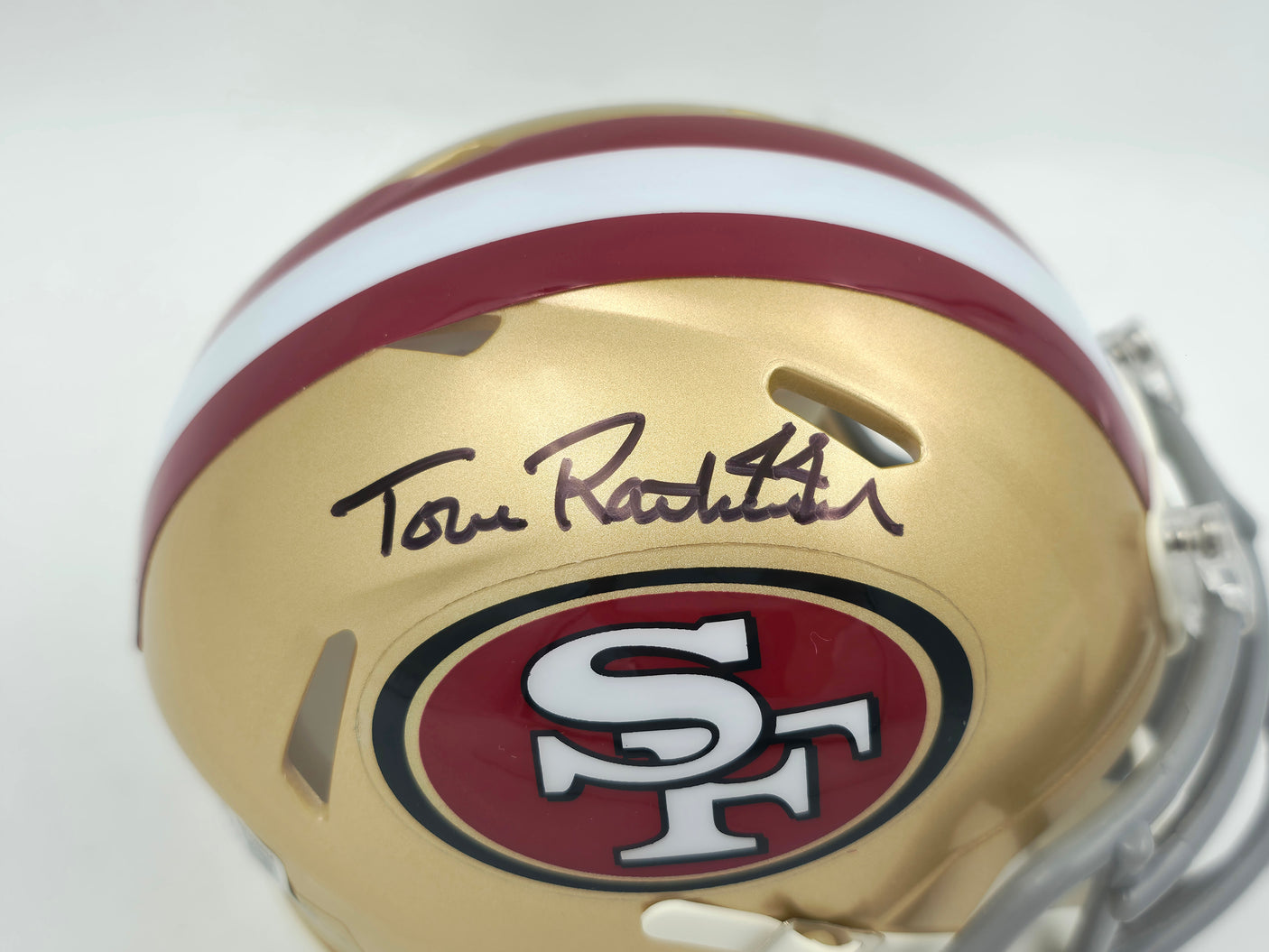 Tom Rathman Autographed San Francisco 49ers Gold Speed Mini Helmet Beckett BAS Witness Stock #253315