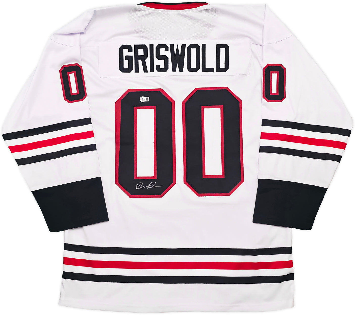 Christmas Vacation Chevy Chase Autographed White Jersey Clark Griswold Beckett BAS QR Stock #252795