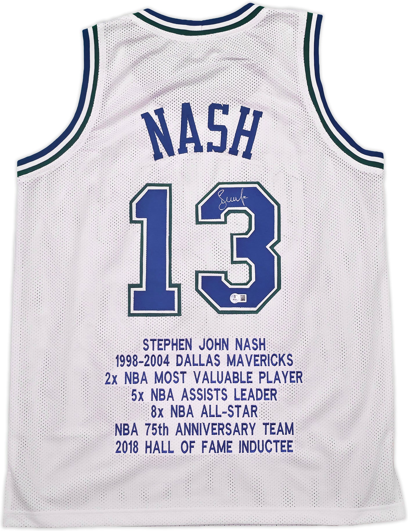 Dallas Mavericks Steve Nash Autographed White Stat Jersey Beckett BAS Witness Stock #252469