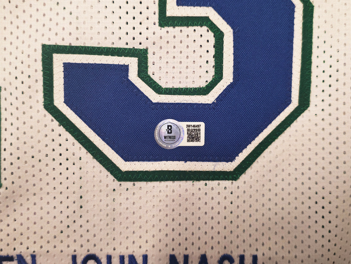 Dallas Mavericks Steve Nash Autographed White Stat Jersey Beckett BAS Witness Stock #252469