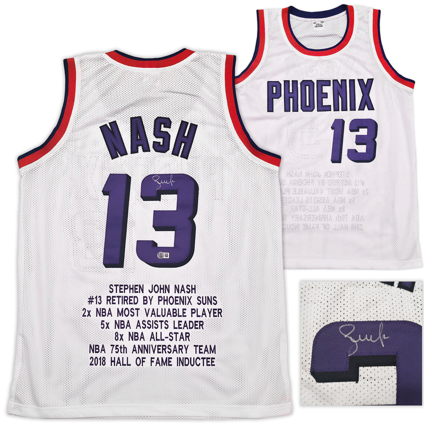 Phoenix Suns Steve Nash Autographed White Stat Jersey Beckett BAS Witness Stock #252473