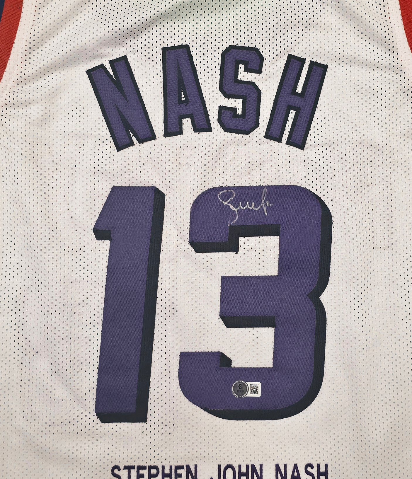 Phoenix Suns Steve Nash Autographed White Stat Jersey Beckett BAS Witness Stock #252473