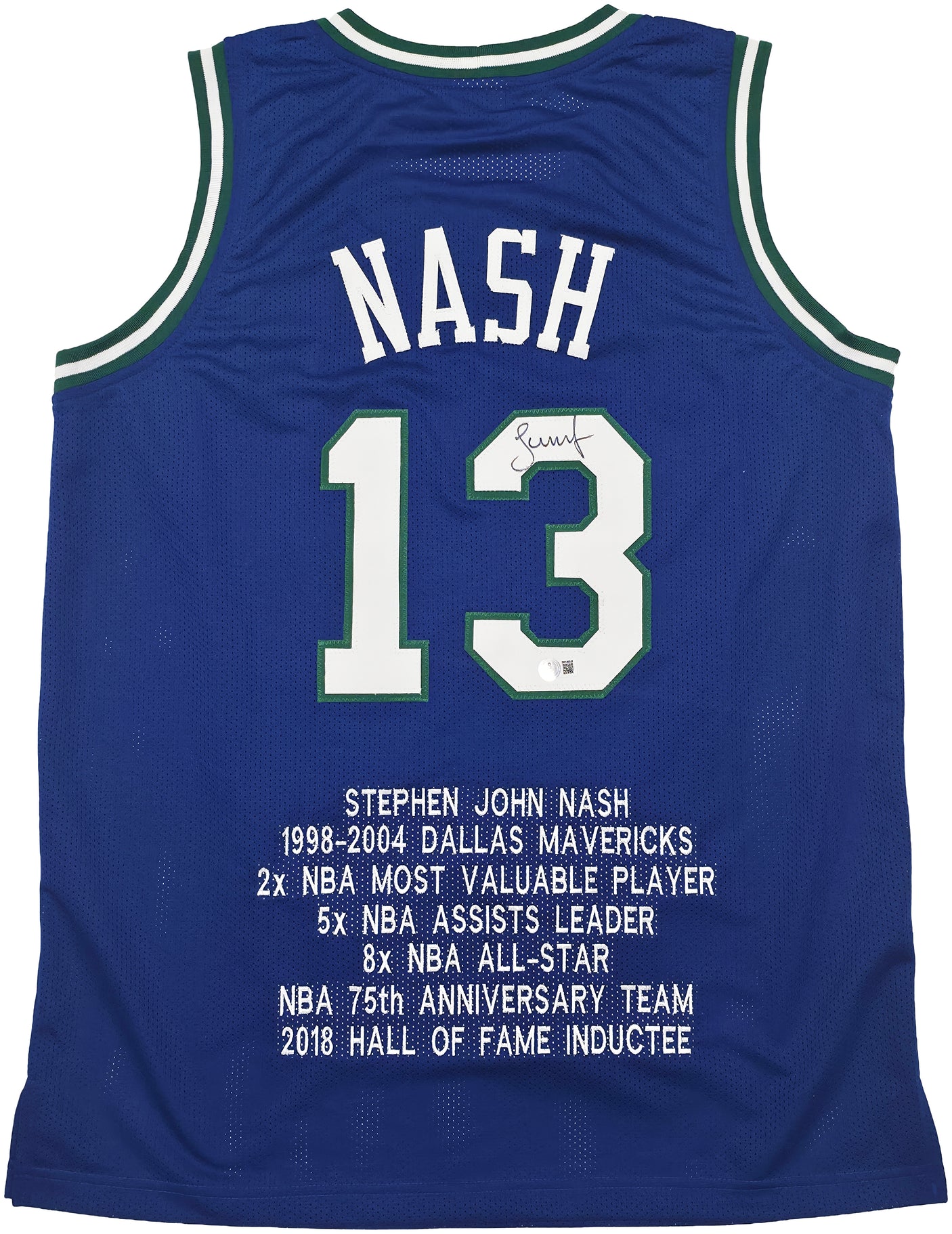 Dallas Mavericks Steve Nash Autographed Blue Stat Jersey Beckett BAS Witness Stock #252470