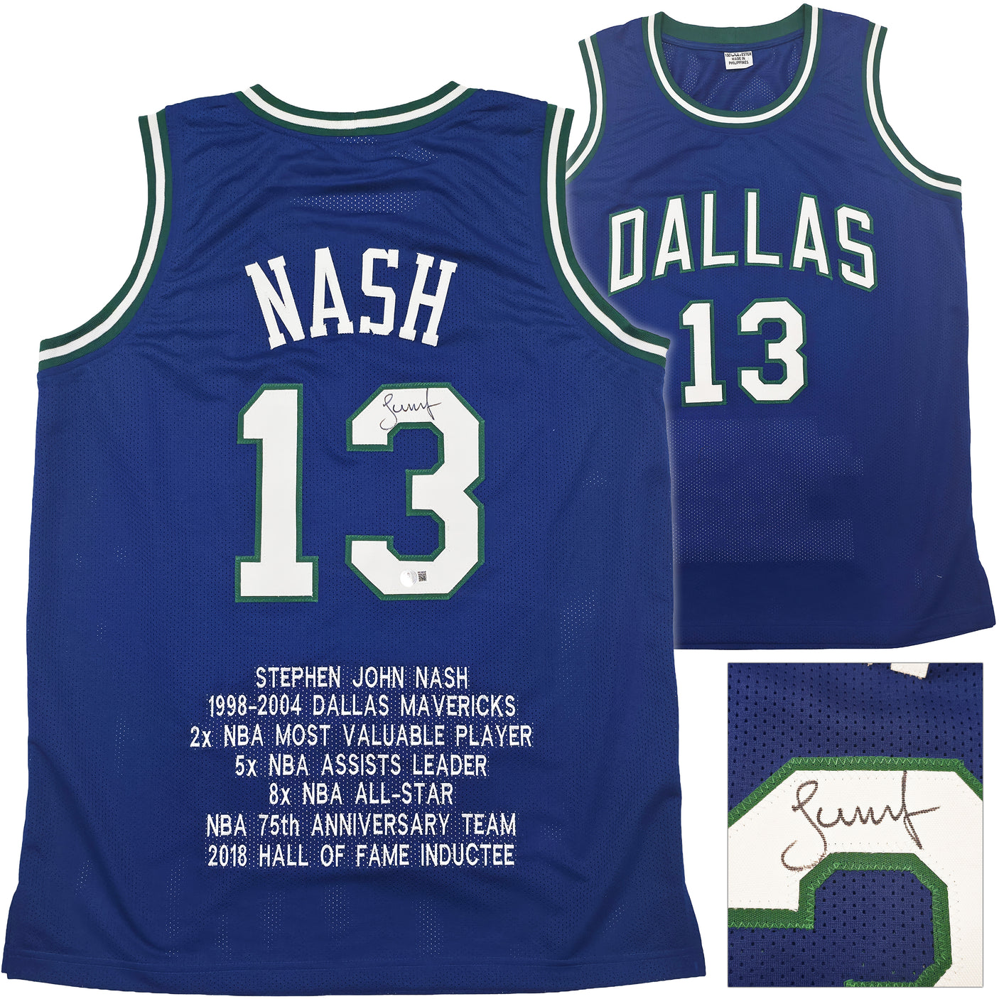 Dallas Mavericks Steve Nash Autographed Blue Stat Jersey Beckett BAS Witness Stock #252470