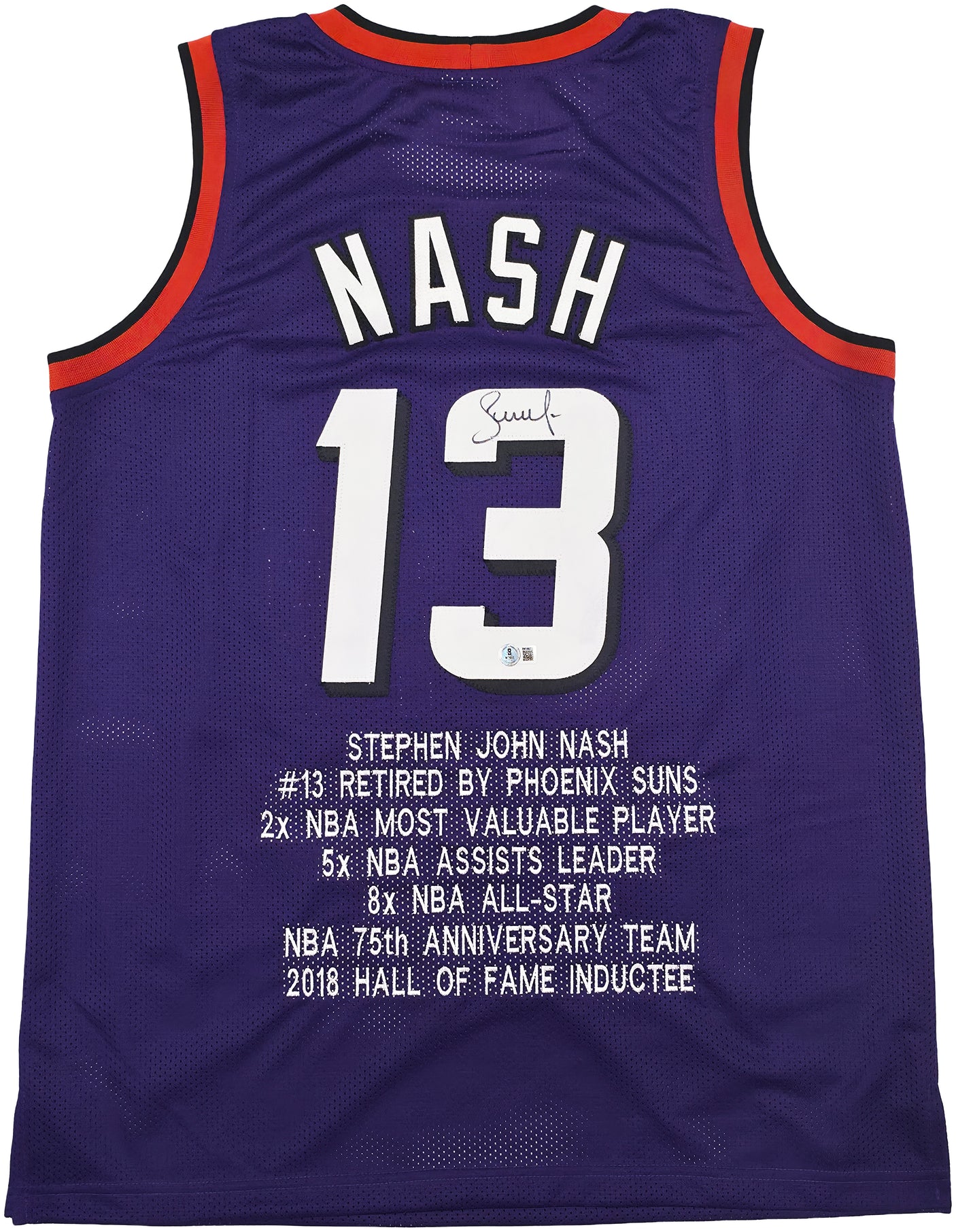 Phoenix Suns Steve Nash Autographed Purple Stat Jersey Beckett BAS Witness Stock #252472