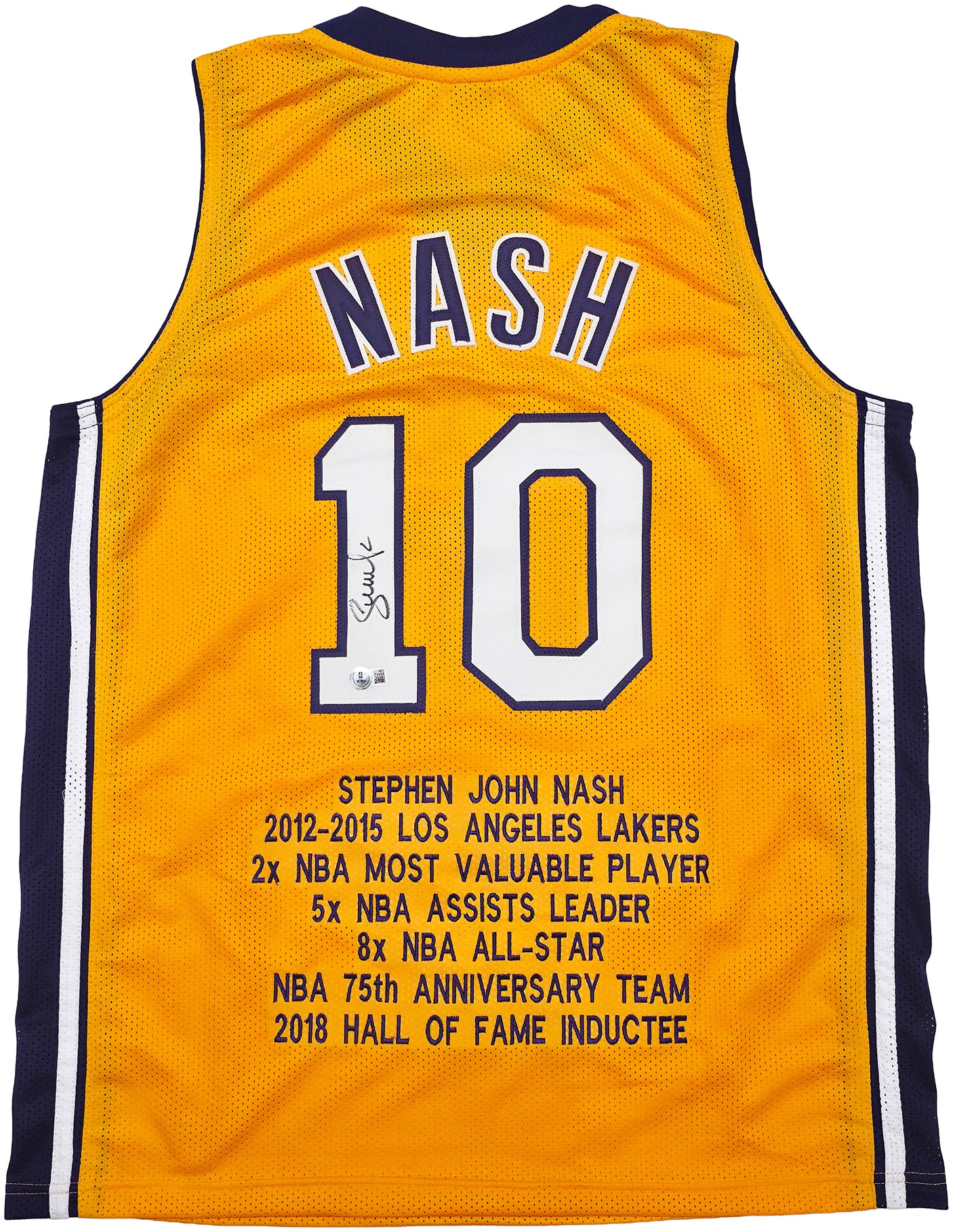 Los Angeles Lakers Steve Nash Autographed Gold Stat Jersey Beckett BAS Witness Stock #252475