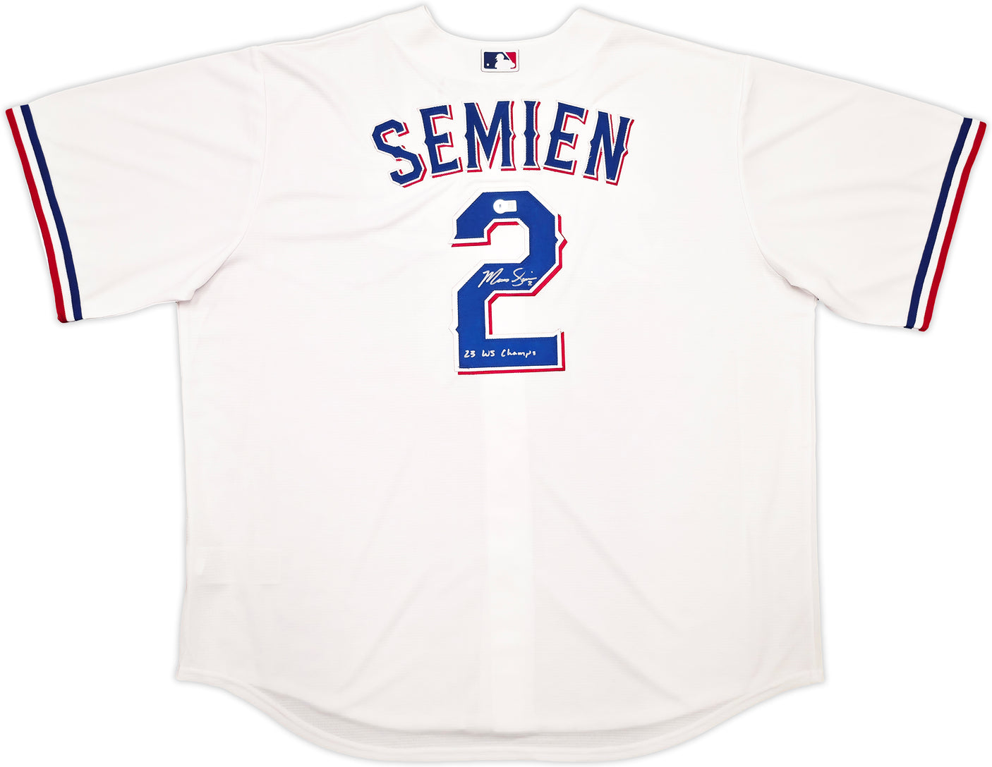 Texas Rangers Marcus Semien Autographed White Nike Jersey Size XXL "23 WS Champs" Beckett BAS Witness Stock #252435