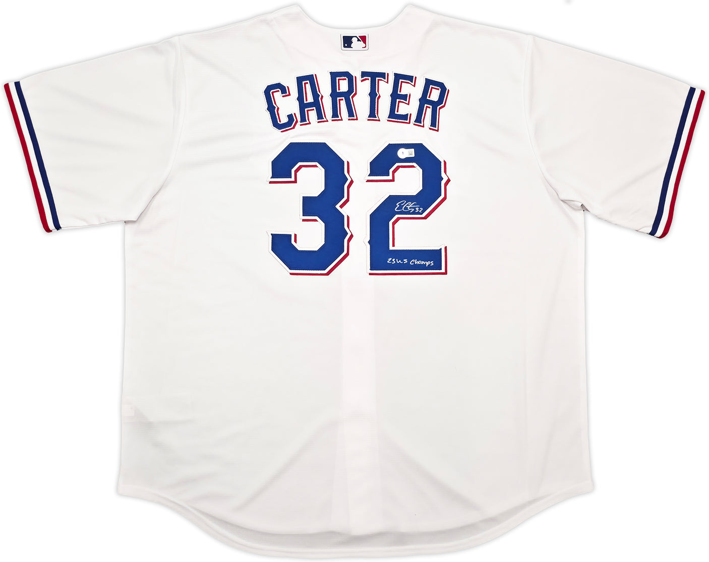 Texas Rangers Evan Carter Autographed White Nike Jersey Size XXL "23 WS Champs" Beckett BAS Witness Stock #252438