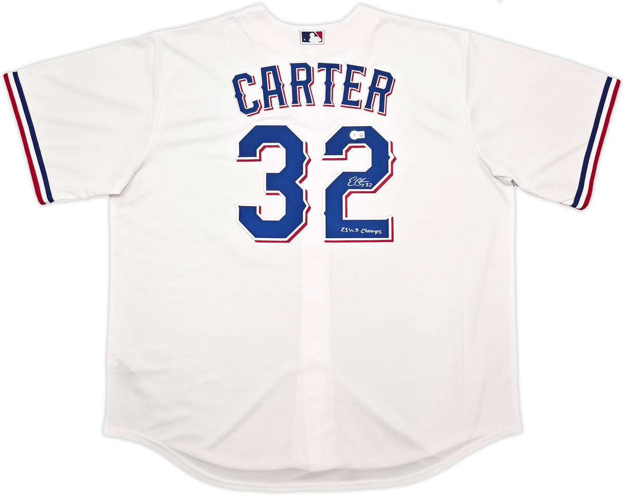 Texas Rangers Evan Carter Autographed White Nike Jersey Size XXL "23 WS Champs" Beckett BAS Witness Stock #252438