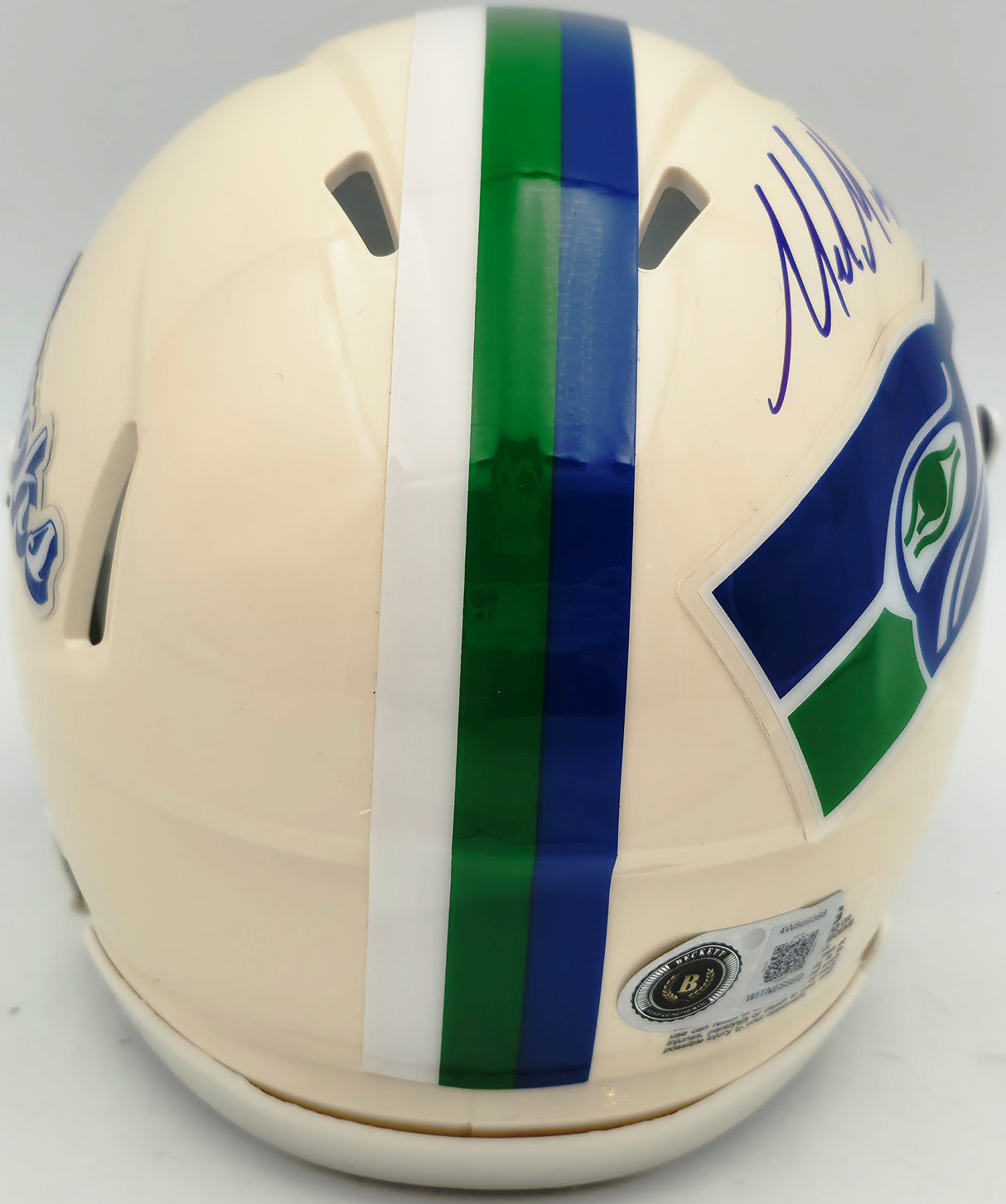 Mike Macdonald Autographed Seattle Seahawks Cream Retro Speed Mini Helmet Beckett BAS Witness Stock #267795