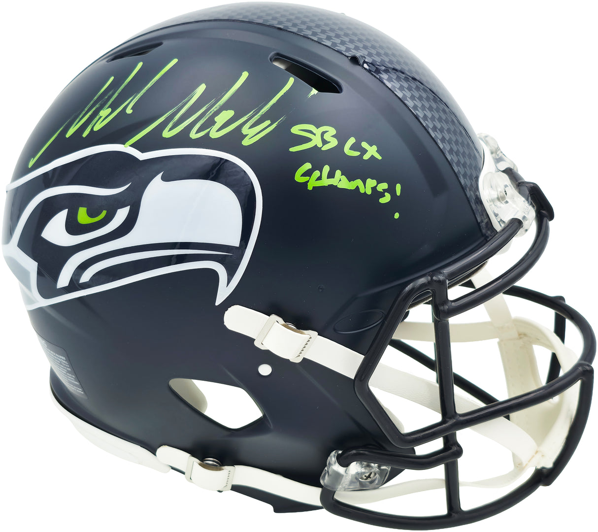 Mike Macdonald Autographed Seattle Seahawks Blue Super Bowl LX Champions Logo Full Size Speed Authentic Helmet "SB LX Champs!" Beckett BAS Witness Stock #267792