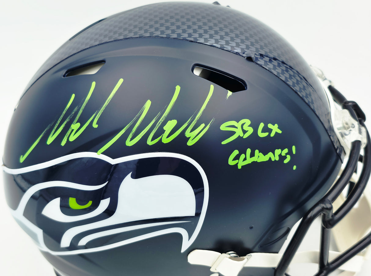 Mike Macdonald Autographed Seattle Seahawks Blue Super Bowl LX Champions Logo Full Size Speed Authentic Helmet "SB LX Champs!" Beckett BAS Witness Stock #267792