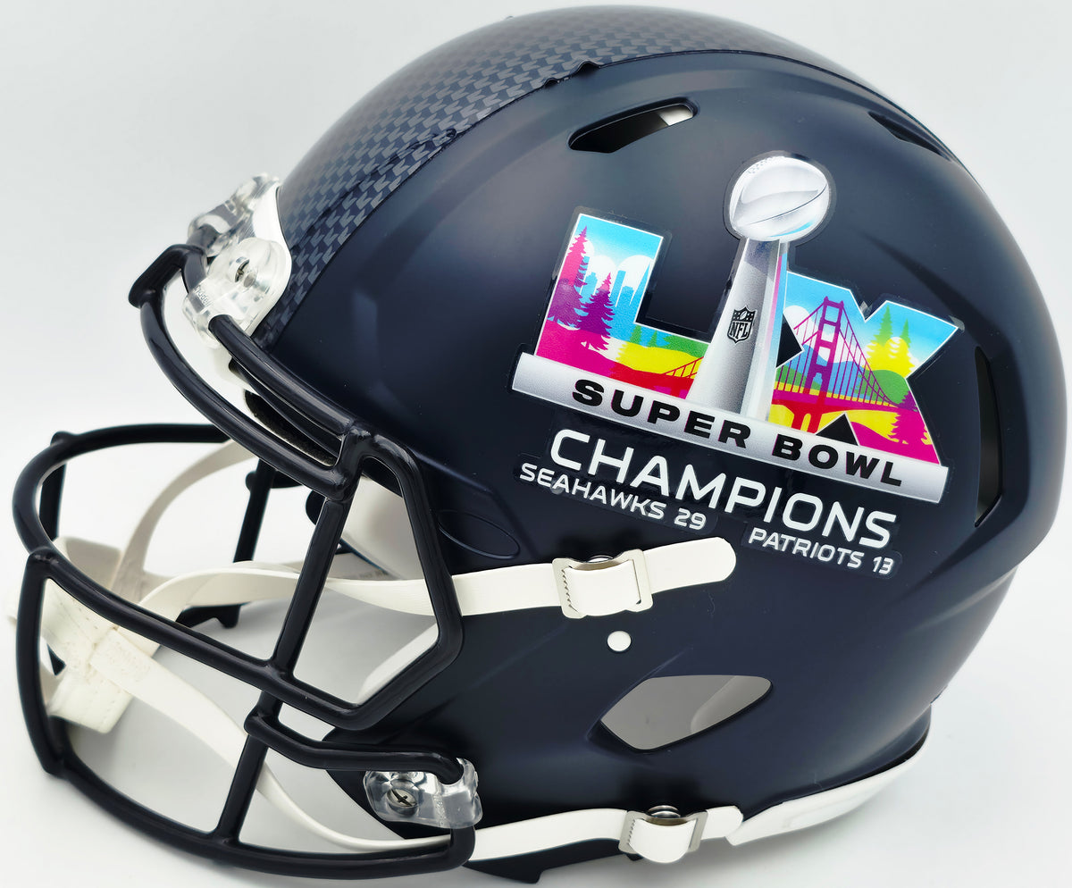 Mike Macdonald Autographed Seattle Seahawks Blue Super Bowl LX Champions Logo Full Size Speed Authentic Helmet "SB LX Champs!" Beckett BAS Witness Stock #267792