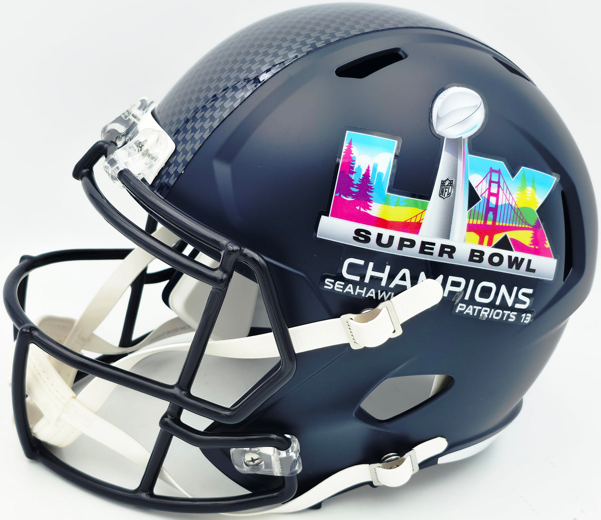 Mike Macdonald Autographed Seattle Seahawks Blue Super Bowl LX Champions Logo Full Size Speed Replica Helmet Beckett BAS Witness Stock #267793