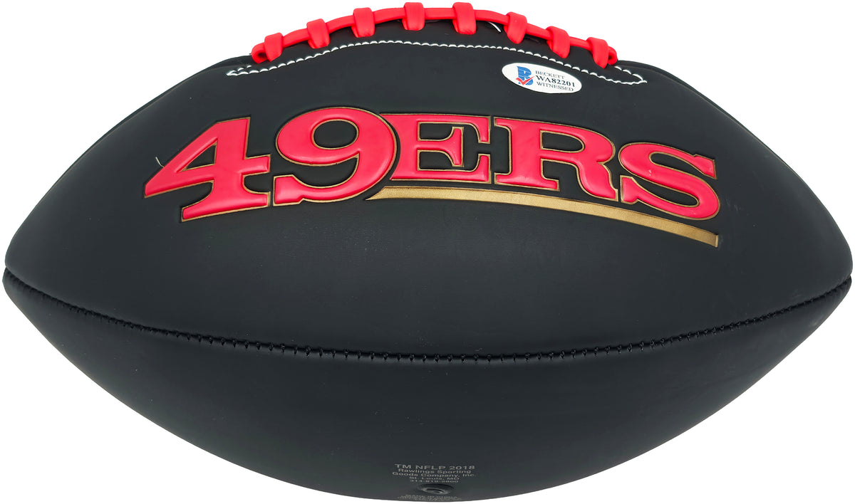 Joe Montana Autographed Black Rawlings San Francisco 49ers Logo Football (Smudged) Beckett BAS Witness Stock #267648