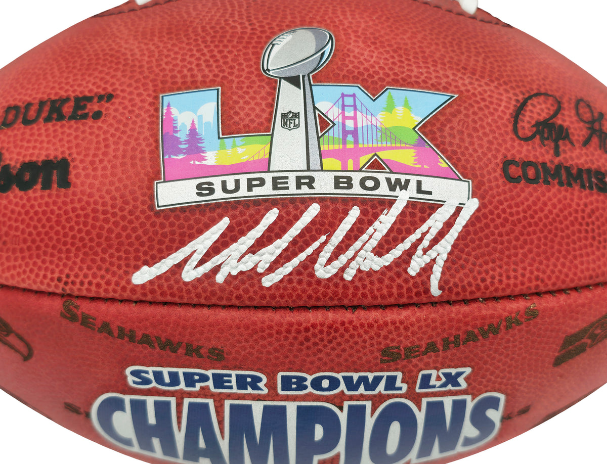 Mike Macdonald Autographed Official Super Bowl LX Commemorative Leather Football Seattle Seahawks Beckett BAS Witness Stock #267794