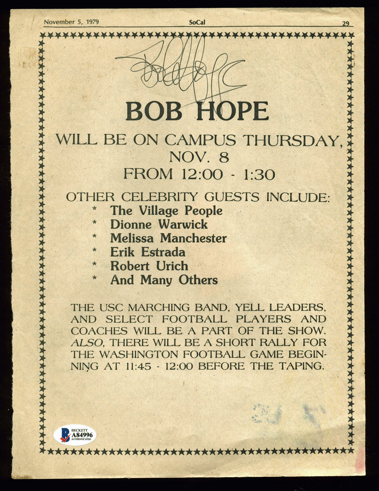 Bob Hope Authentic Signed 8.25x11 USC Campus Visit Flyer BAS #A84996