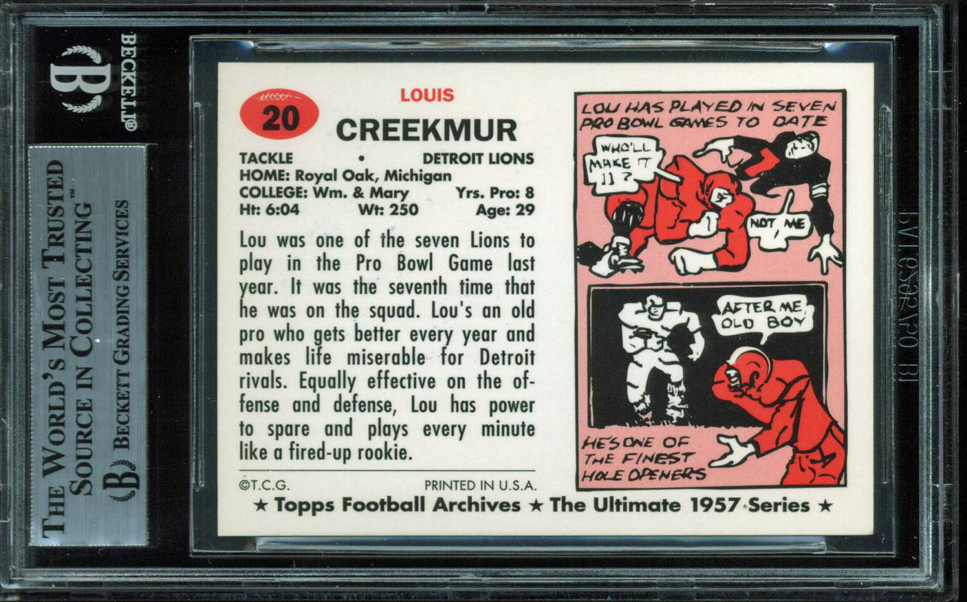 Lions Lou Creekmur "HOF 96" Signed 1994 Topps Archives 1957 #20 Card BAS Slabbed