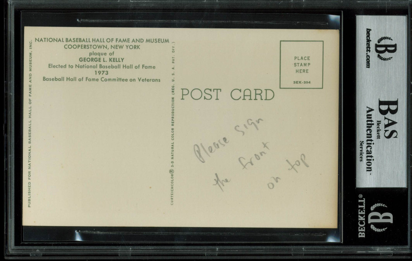 Mets George Kelly Authentic Signed 3.5x5.5 HOF Plaque Postcard BAS Slabbed