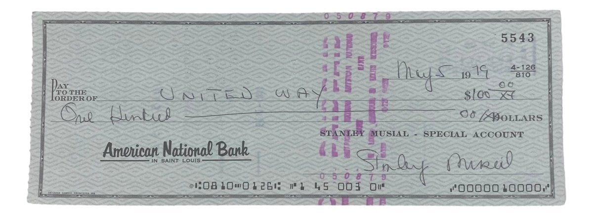 Stan Musial St. Louis Cardinals Signed Bank Check #5543 BAS - Sports Integrity