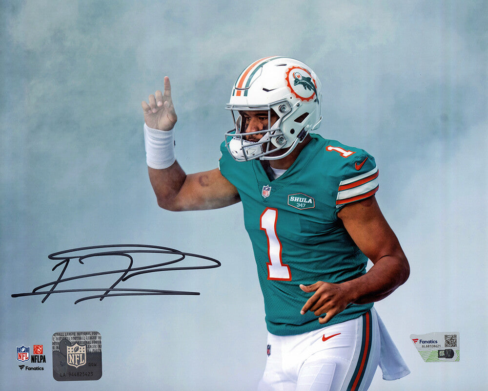 Tua Tagovailoa Signed Miami Dolphins Teal Jersey Pointing 8x10 Photo - (Fanatics)