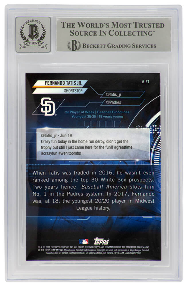 Fernando Tatis Jr. Signed San Diego Padres 2018 Bowman Chrome Hashtag Trending Refractors Card #-FT - (Beckett / Auto Grade 10)