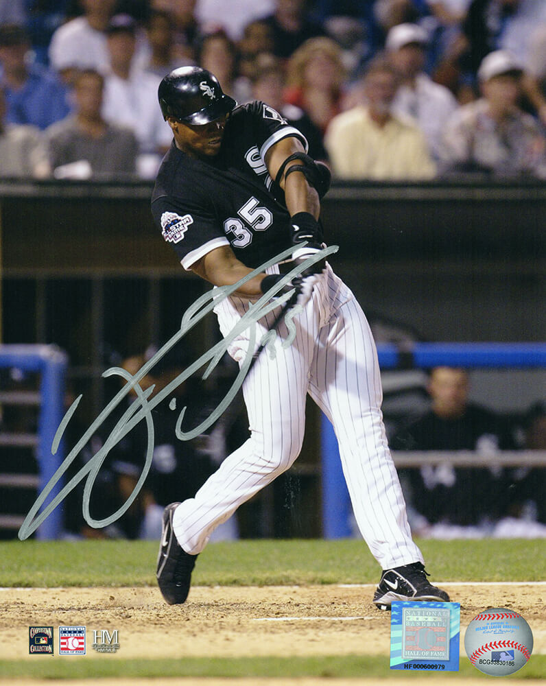 Frank Thomas Signed Chicago White Sox Black Jersey Swinging Action 8x10 Photo